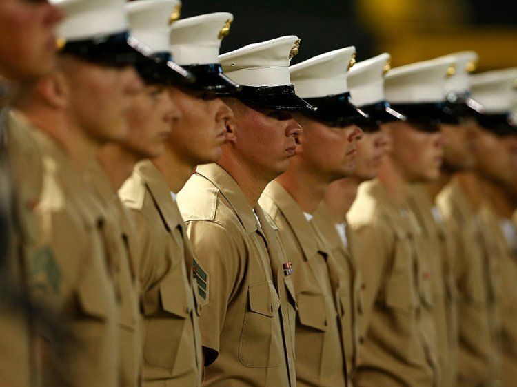 U.S. Marines stand inspection ready at the position of attention.