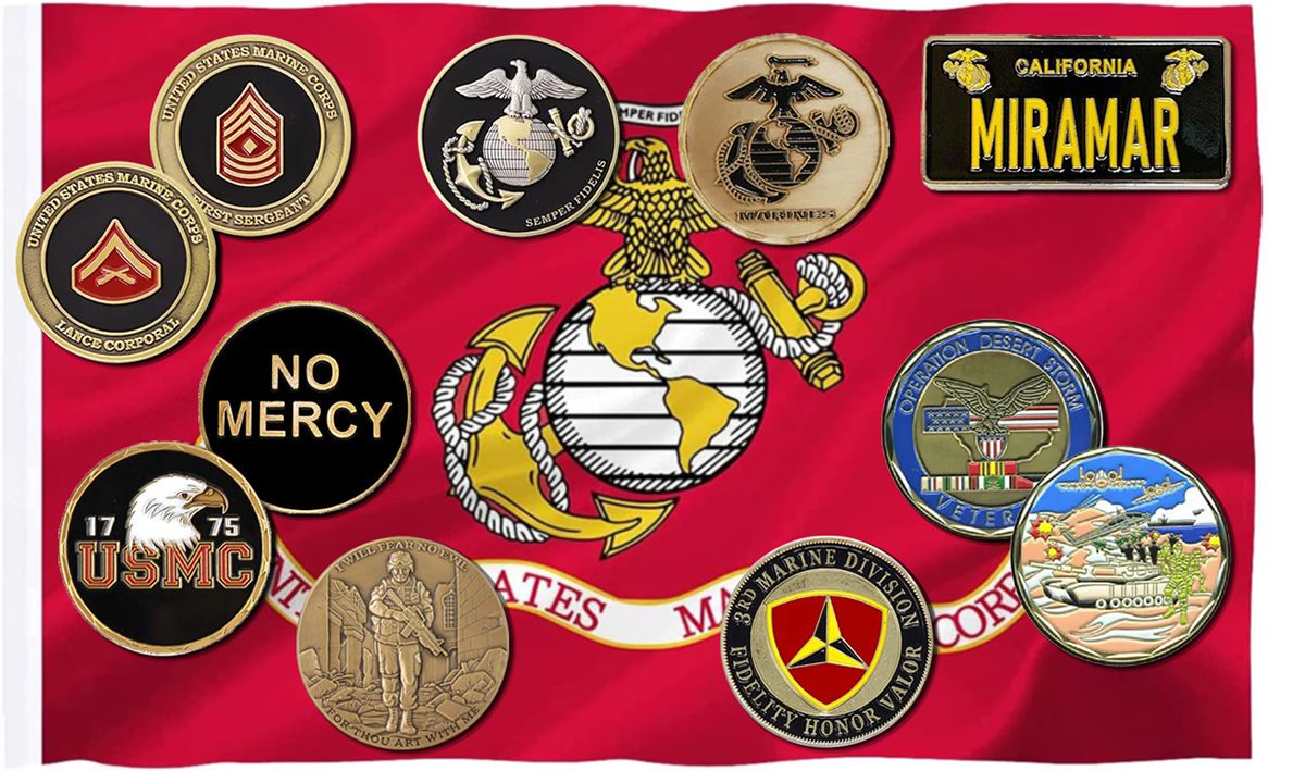 challenge coins over a Marine Corps flag