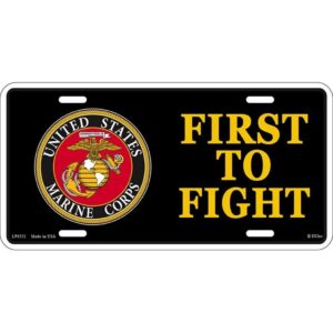 a black USMC license plate with "FIRST TO FIGHT" in yellow letters and the US Marine Corps logo