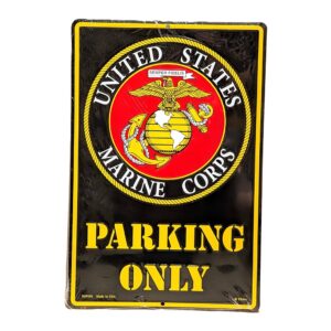 a US Marine Corps parking sign featuring the USMC logo and "PARKING ONLY"