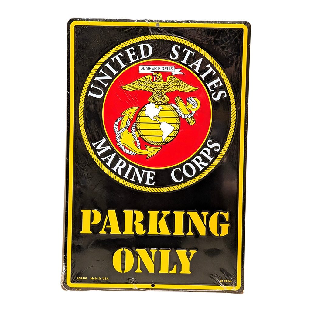 a US Marine Corps parking sign featuring the USMC logo and "PARKING ONLY"