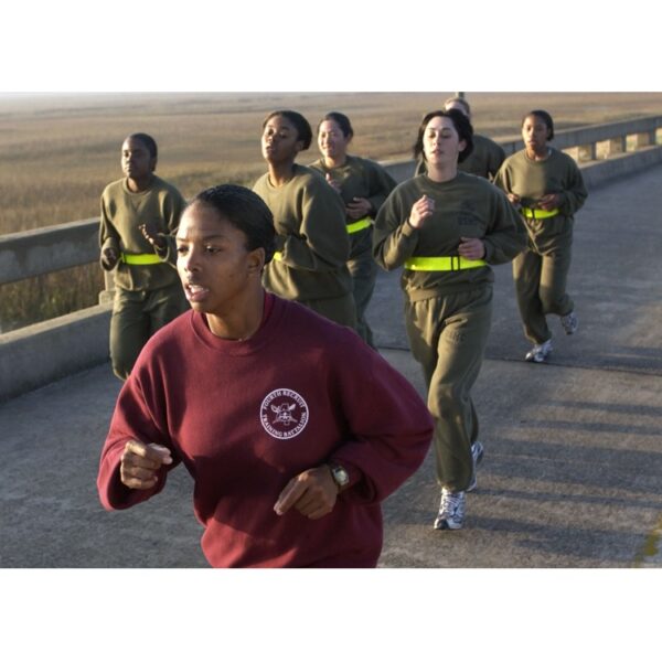 female Marines running in PT gear: glo belts and USMC sweats