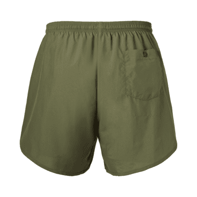 back pocket of olive drab Marine Corps running shorts