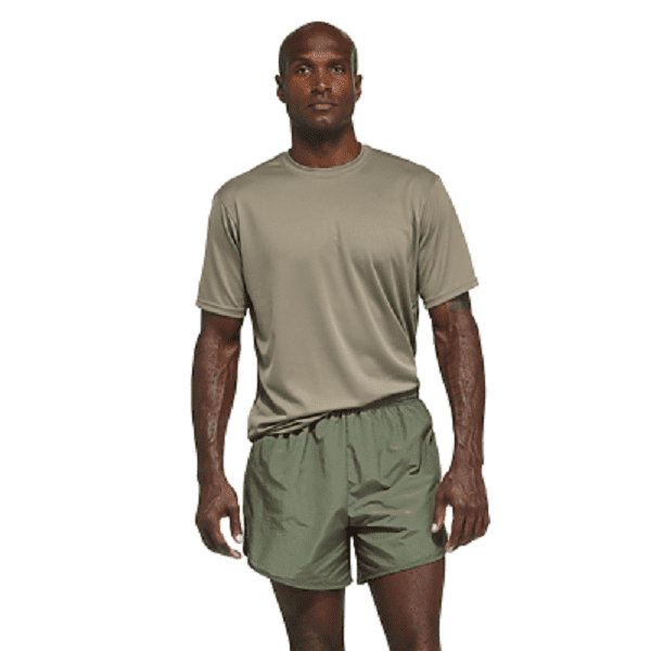 Marine wearing olive drab shirt and USMC running shorts