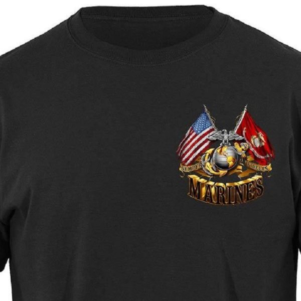 Marines USA and USMC Flag Black Shirt Front Close UP