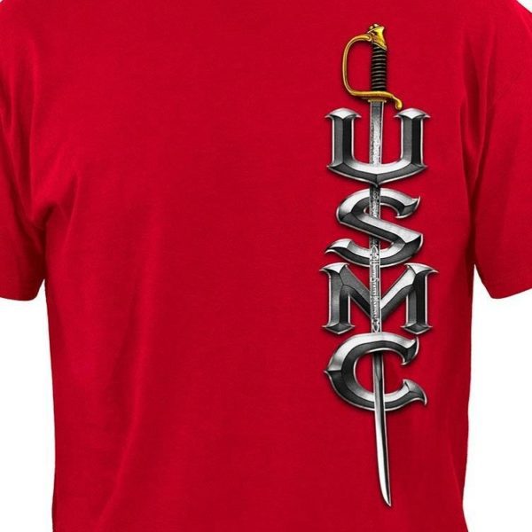 a red shirt with "USMC" and an officer sword