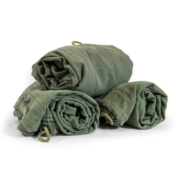 three olive drab US military-issue laundry bags