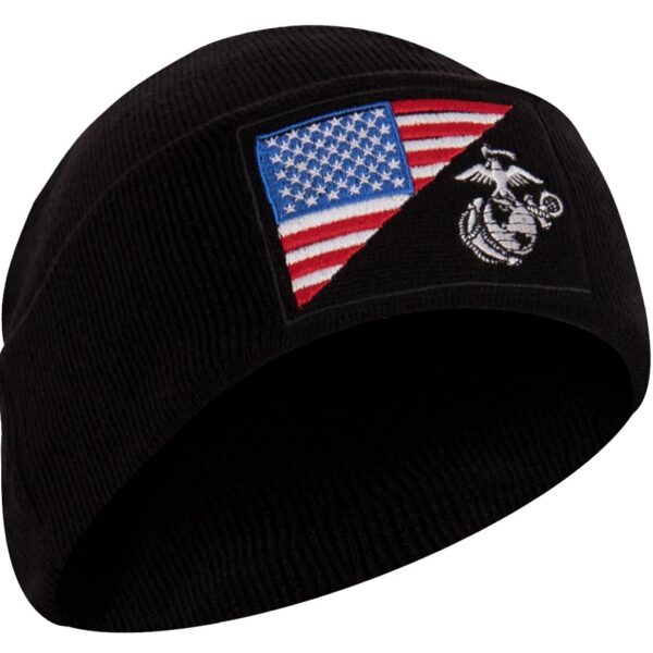 a black US Marine Corps watch cap (beanie) with a USA flag and an EGA