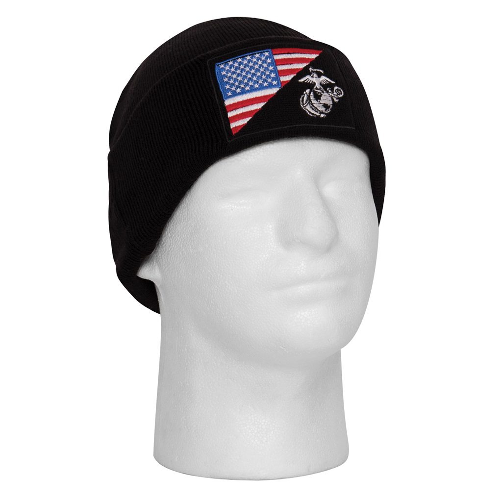 a black US Marine Corps watch cap (beanie) with a USA flag and an EGA