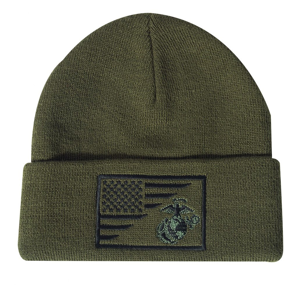 a green US Marine Corps watch cap (beanie) with a USA flag and an EGA