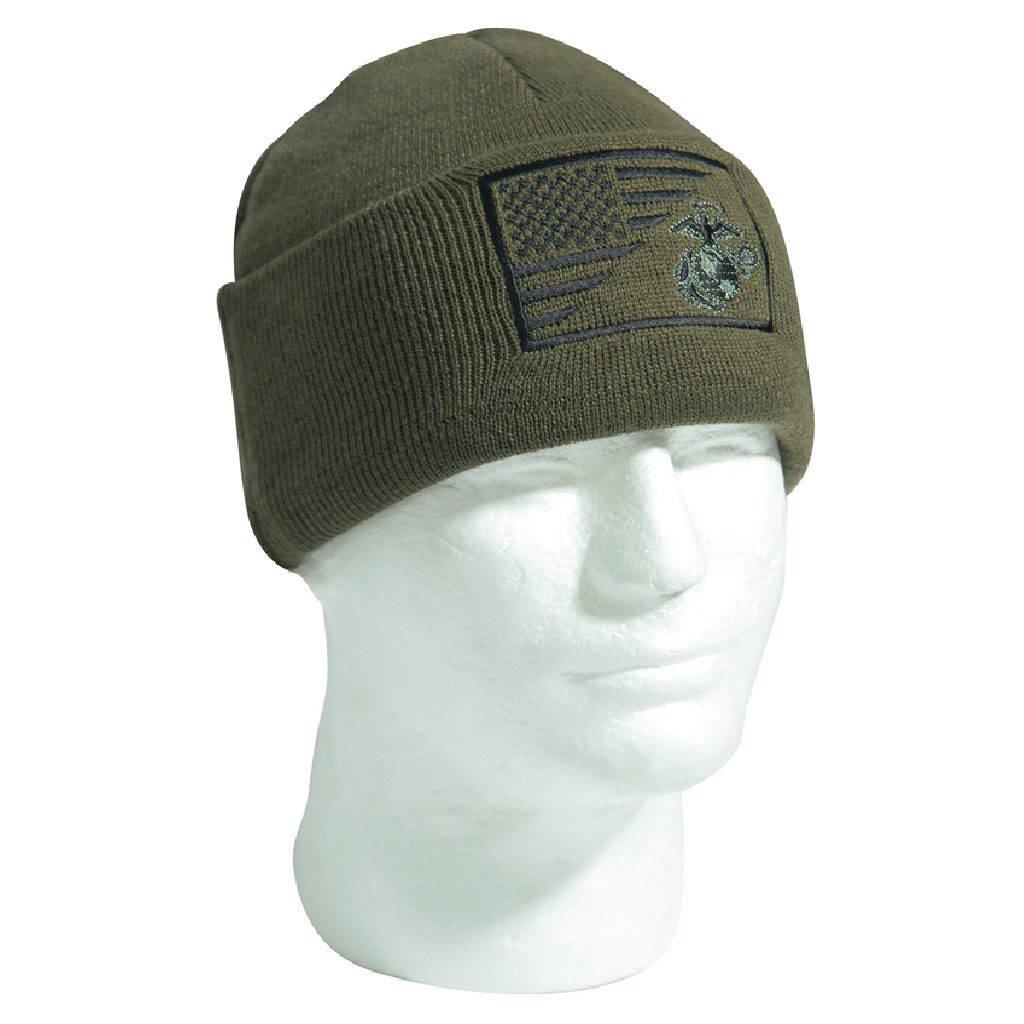 a green US Marine Corps watch cap (beanie) with a USA flag and an EGA