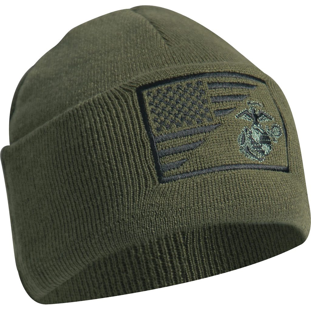 a green US Marine Corps watch cap (beanie) with a USA flag and an EGA