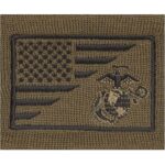 the embroidered American Flag and EGA of a coyote brown Marine Corps beanie