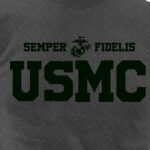 a charcoal gray USMC shirt with an EGA and Semper Fi in bold black text