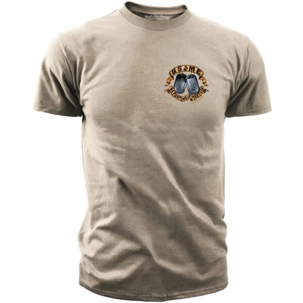 the front of a tan Marine Corps shirt with dog tags