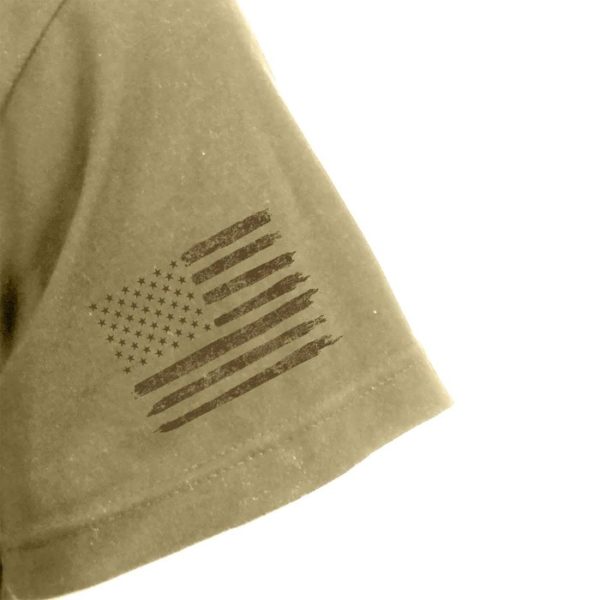 sleeve of a tan marine corps shirt with an american flag logo