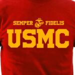 a red USMC shirt with an EGA and Semper Fi in bold black text
