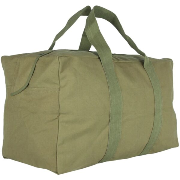 a side view of an olive drab air force-style parachute cargo bag
