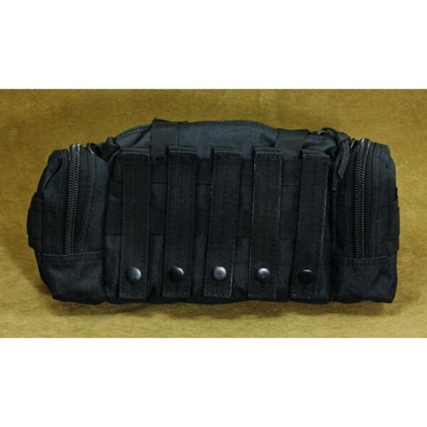 MOLLE straps on a black military response first aid bag