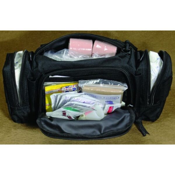 a black rapid response first aid bag with compartments open and contents visible