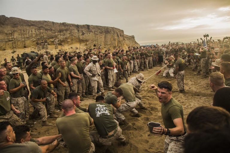 U.S. Marines take a break from training for a friendly game of tug-of-war.
