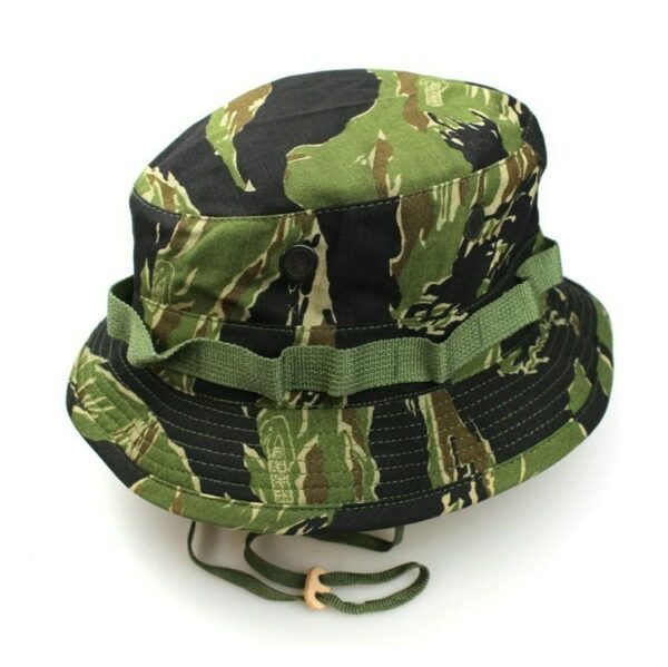 GI Jungle Camo Tigerstripe Boonie Cover Full Hat; tigerstripe pattern is a combination of bright green, light green, brown, and black