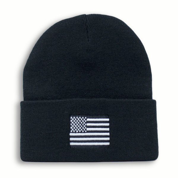 Black Watch Cap Beanie with Black and White American Flag