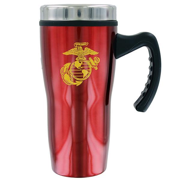 Metallic Red Travel Coffee Mug with Yellow Eagle Globe and Anchor
