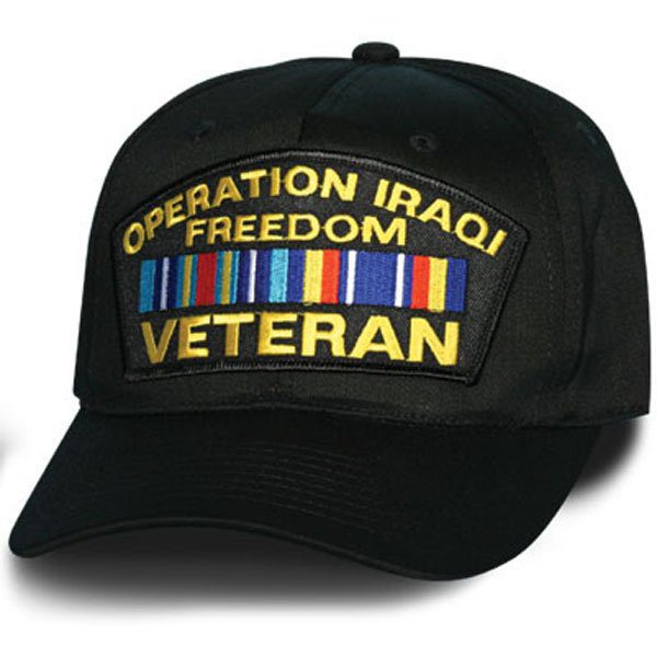 Operation Iraqi Freedom with Ribbons Black Hat with Gold writing