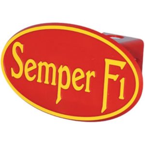 Semper Fi in gold on red truck hitch cover