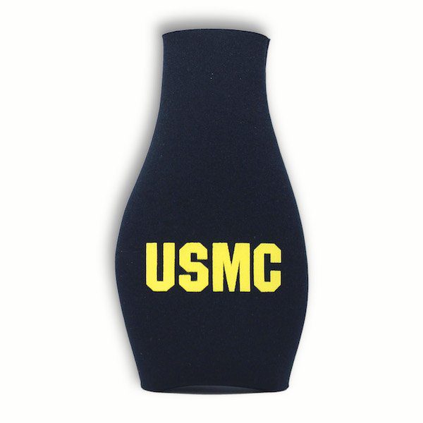 Front Bold Gold USMC on Black Bottle Koozie