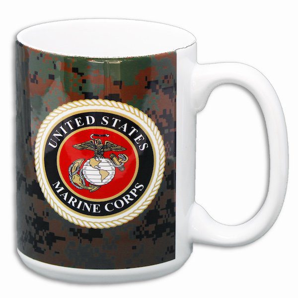 USMC Emblem on Digital Woodland Camo 15 oz Coffee Mug