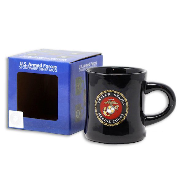 United State Marine Corps Emblem Black Diner Mug Next to Box