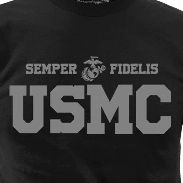 a black USMC shirt with an EGA and Semper Fi in bold gray text