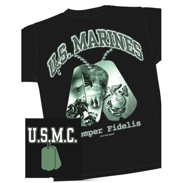 US Marines Semper Fidelis Dog Tag Black and Green T Shirt