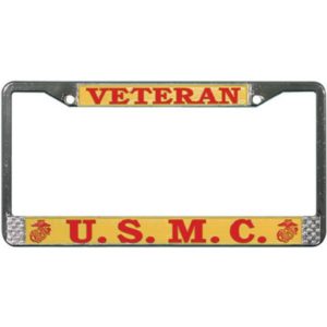 Red and Gold USMC Veteran Chrome License Plate Frame