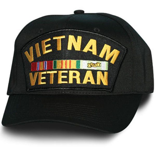 Vietnam Veteran with Ribbons Black Hat with Gold writing