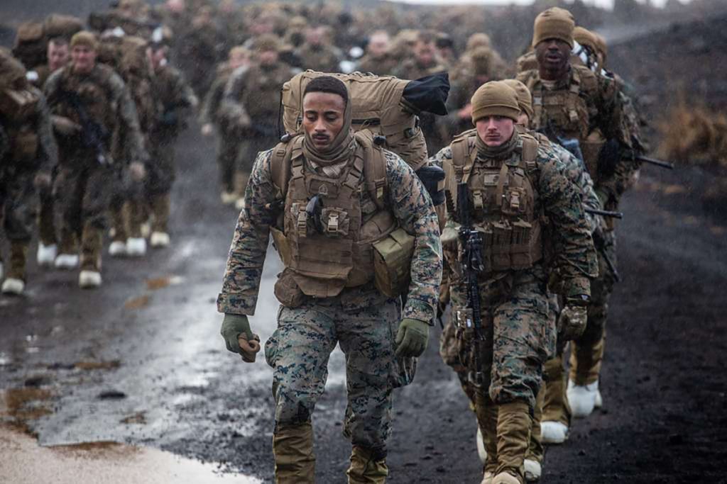 Marine Corps boots yomping in the cold rain