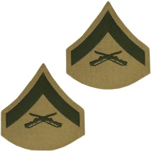 a pair of Marine Corps Chevron Lance Corporal Patches OD Green Khaki