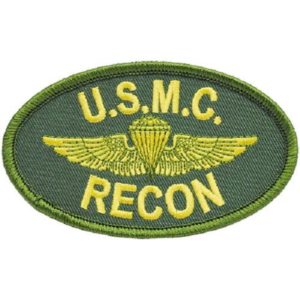 a green and yellow Marine Corps Recon patch