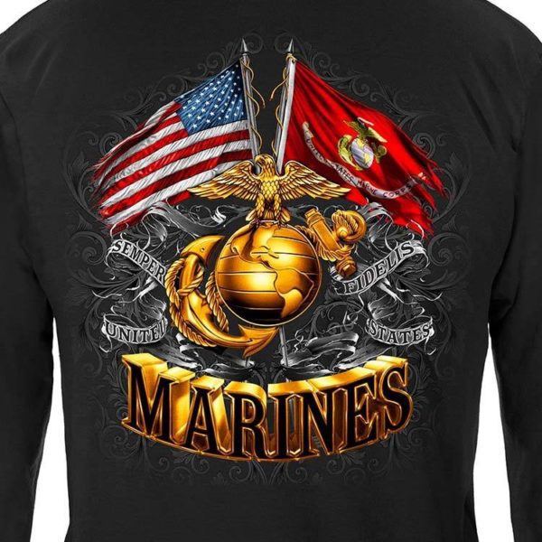 American and USMC Flag Long Sleeve Shirt Back Close Up
