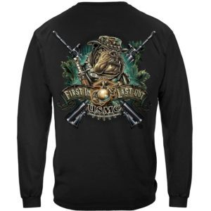 a black long sleeve Marine Corps shirt with a bulldog, crossed rifles, and palm leaves
