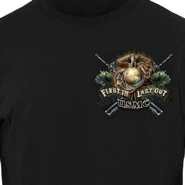 a Marine Corps shirt with an EGA, crossed rifles, and palm leaves