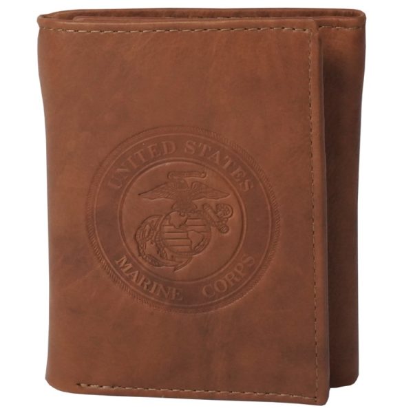 a trifold tan leather Marine Corps wallet