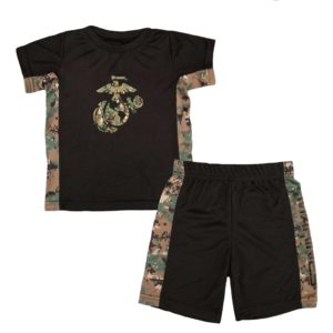 Marine Toddler Athletic Shirt and Shorts USMC Black and Woodland MARPAT