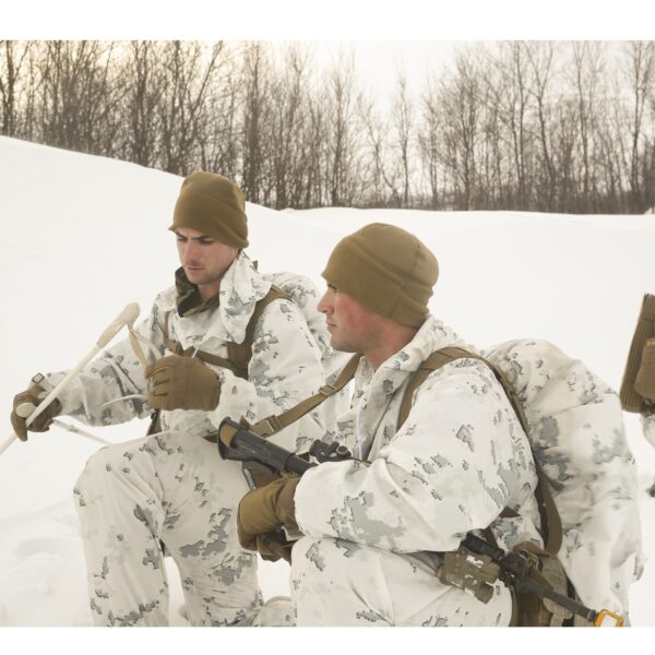 US Marines wearing white snow camo (MARPAT) and coyote hardface watch caps