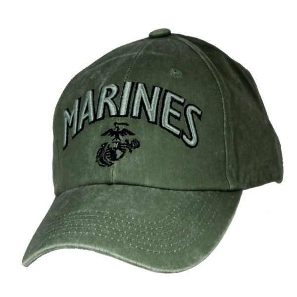 an olive drab Marines baseball hat