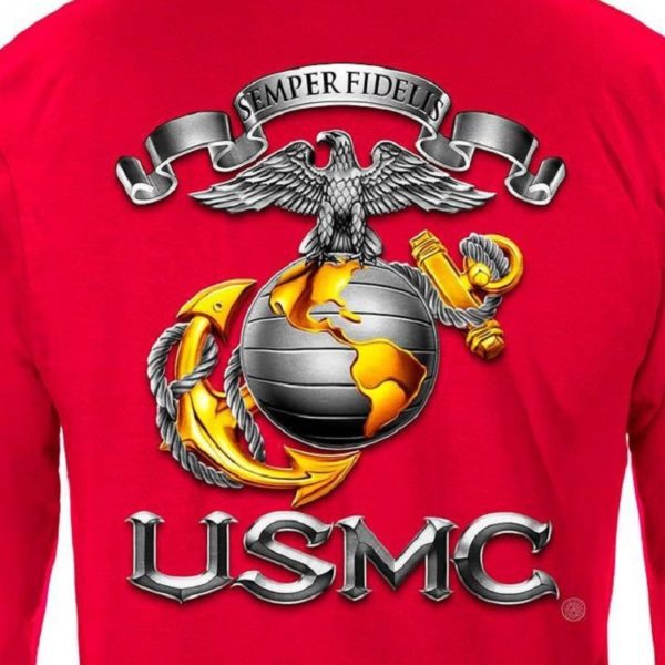 Red Long Sleeve USMC Shirt with EGA and Officer Sword BACK Close UP