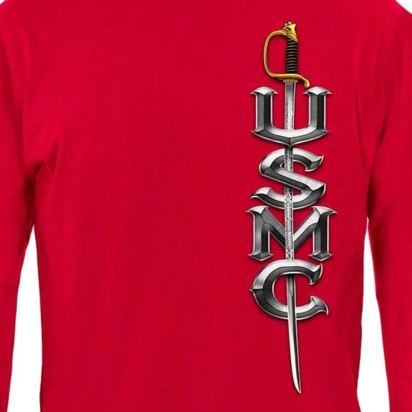 Red Long Sleeve USMC Shirt with EGA and Officer Sword FRONT Close UP