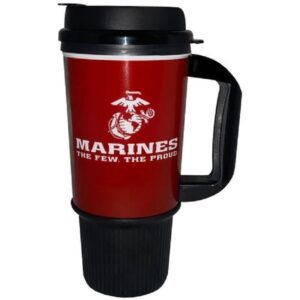 a red and black Marine Corps travel mug